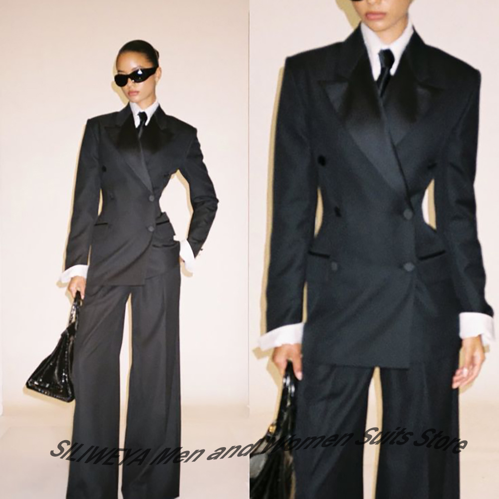 Women Formal Wear Outfits - Professioneel Dames Zwart Double-Breasted Pak Slim