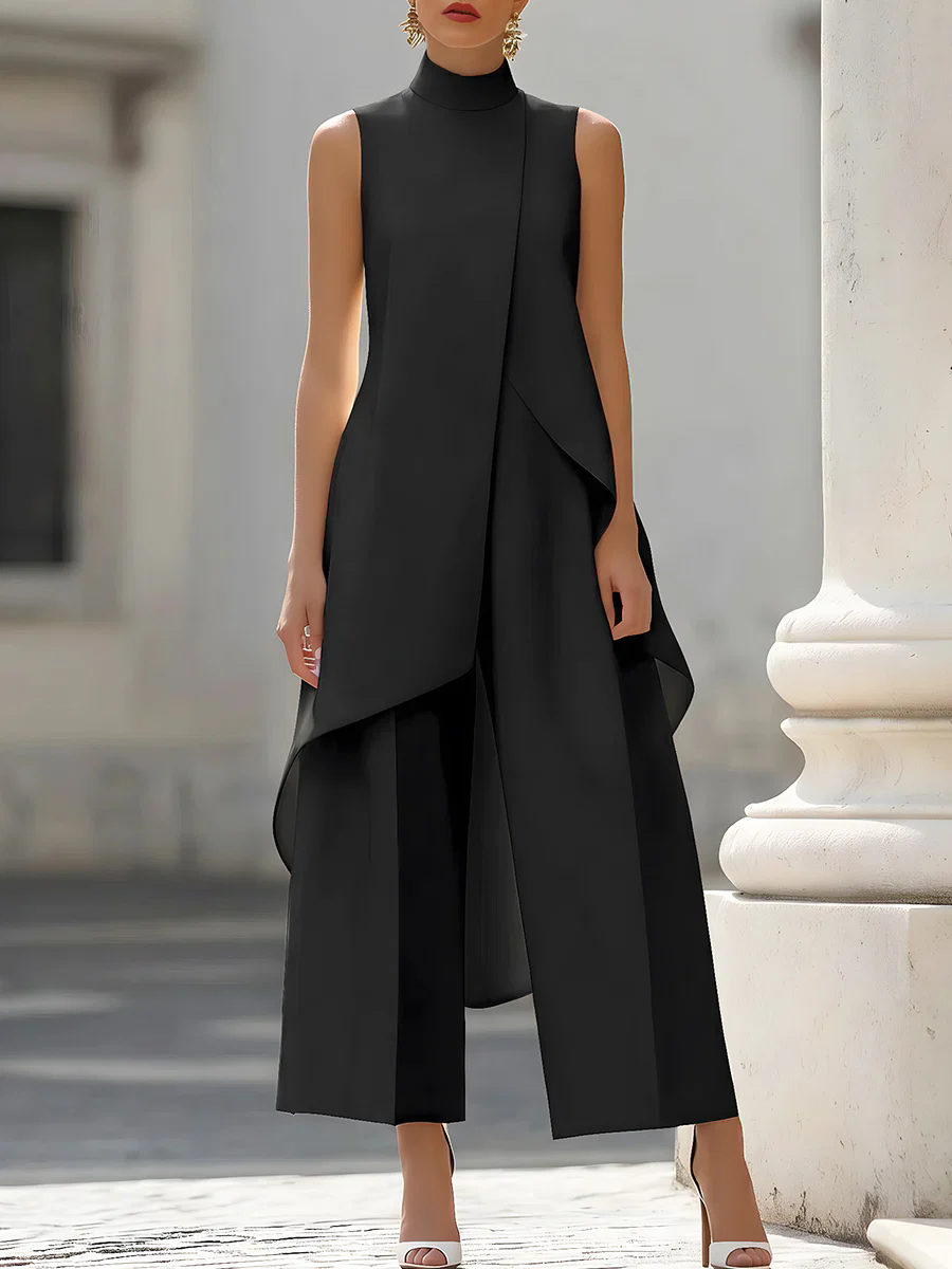Women'S Formal Wear For A Wedding - Mouwloze, asymmetrische, gelaagde jumpsuit met hoge