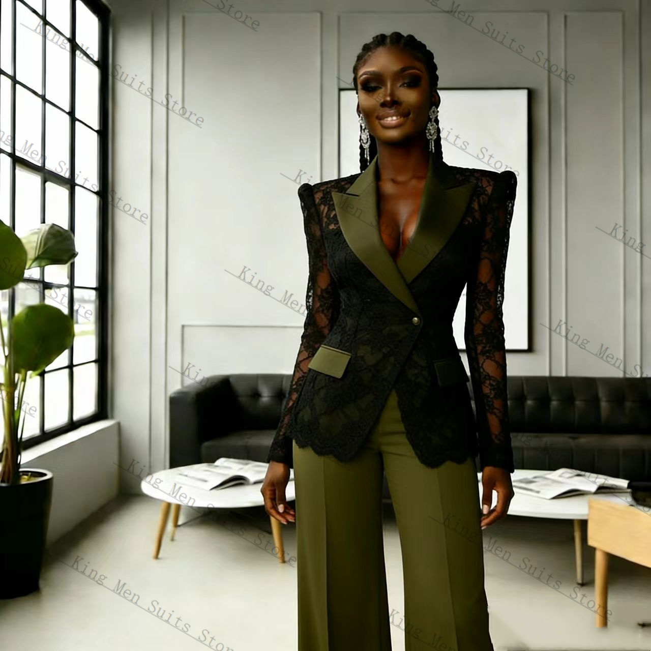 Women Formal Wear Trousers - Groen Zwart Kant Vrouwen Pak Set