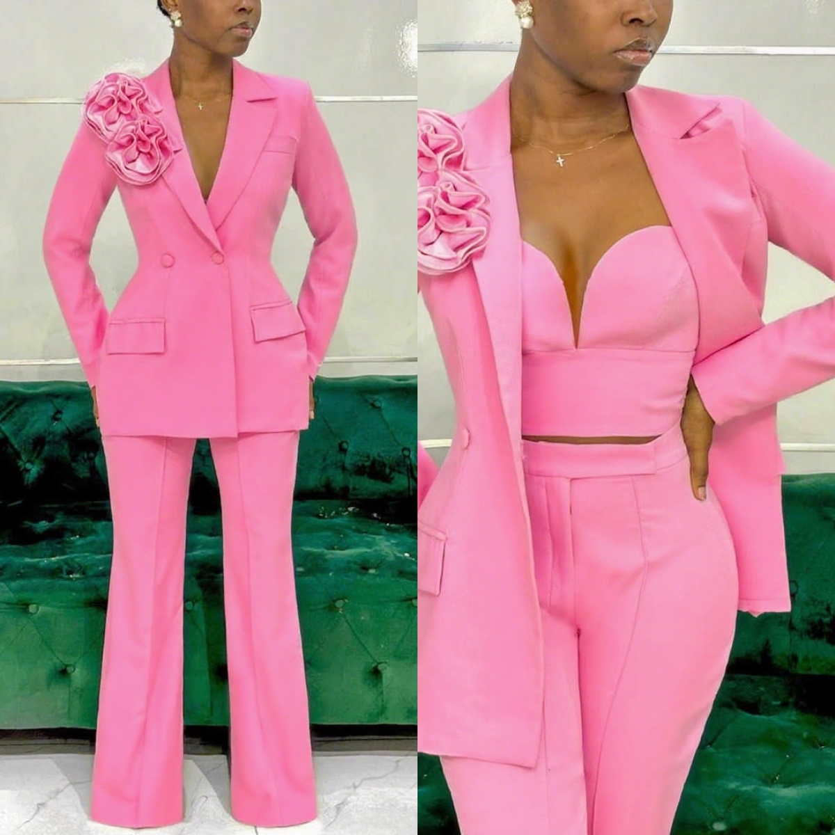 Women Formal Wear Designers - Aangepaste roze damesbroeksets ontwerper 3D bloemen