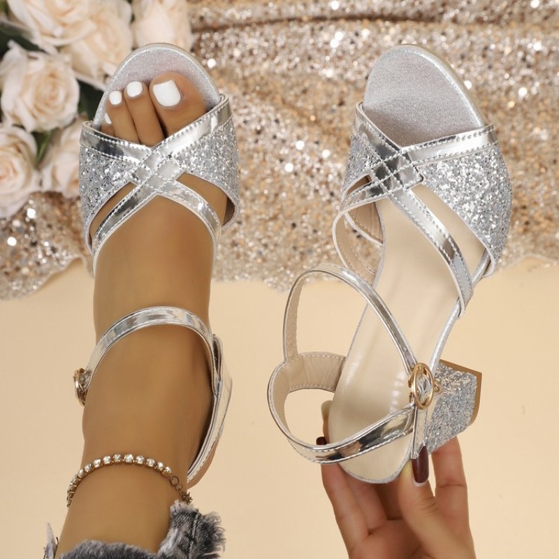 Women'S Formal Wear For Wedding - Vrouwen Blokhakken Sandalen Goud Sparkly Cross