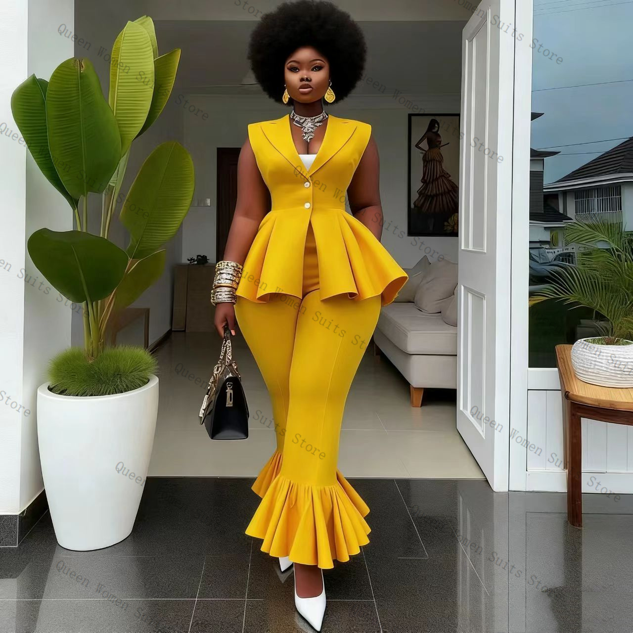 Women'S Formal Wear For A Wedding - Gele damespakbroekenset 2 stuks vest +
