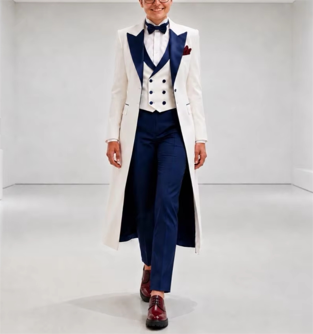 Women Formal Wear Outfits - Marineblauw-wit damespak, elegant, op maat gemaakt,