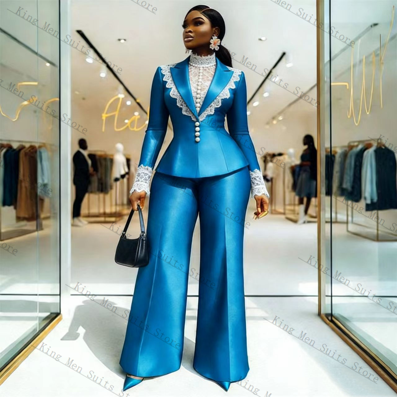 Blauw Satijn Kant Vrouwen Pak  - Women'S Formal Wear For A Wedding recensie en prijs